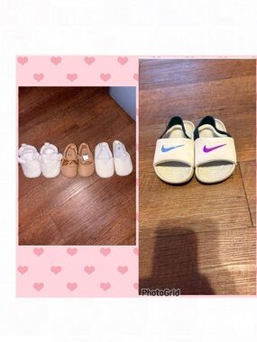 TOTAL OF FOUR PAIRS 2baby shoes 🤍🤎0-3m 🤍✨3c 💙💜Nike slides with strap 3c